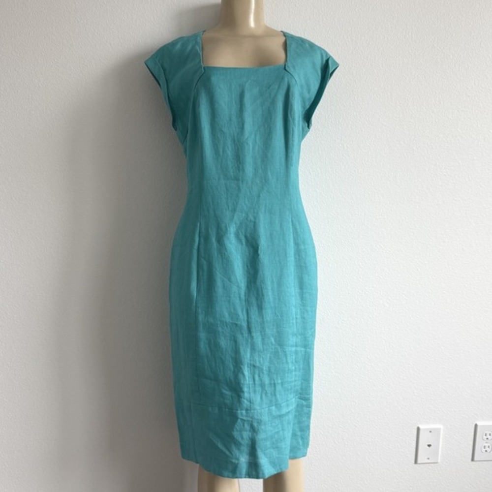 Lafayette 148 NY Sheath Dress 8 Teal Blue Linen Coastal Quiet Luxury Square Neck